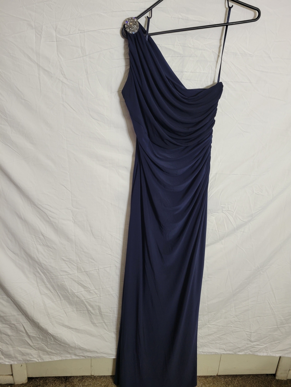 Ralph Lauren One-Shoulder Navy Evening Gown with Embellished Shoulder